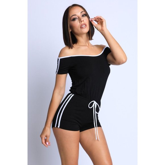 Women Line Detailed Off Shoulder Romper Strapless Sexy Cute Comfy Jumpsuit Rompe - Picture 5 of 12
